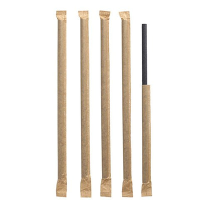 Cinq PAPSTAR pailles à secouer en papier noir (Ø 8 mm, 25 cm) sont positionnées verticalement : quatre sont emballées individuellement, la droite est partiellement retirée de son emballage en film.