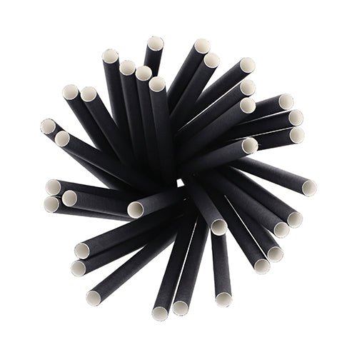 Une vue de dessus sur les pailles à secouer en papier PAPSTAR 100 Ø 10 mm · 21 cm de PAPSTAR GmbH - pailles en papier noir biodégradables avec intérieur blanc, idéales pour les hôtes soucieux de l'environnement et pour un plaisir durable des shakes.