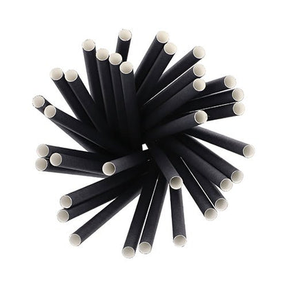 Une vue de dessus sur les pailles à secouer en papier PAPSTAR 100 Ø 10 mm · 21 cm de PAPSTAR GmbH - pailles en papier noir biodégradables avec intérieur blanc, idéales pour les hôtes soucieux de l'environnement et pour un plaisir durable des shakes.