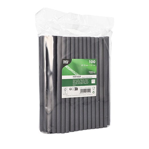 Un emballage en plastique transparent avec 100 pailles à secouer noires en papier de PAPSTAR GmbH (Ø 10 mm, 21 cm), étiqueté avec des détails de produit et des informations de recyclage - parfait pour les hôtes soucieux de l'environnement.