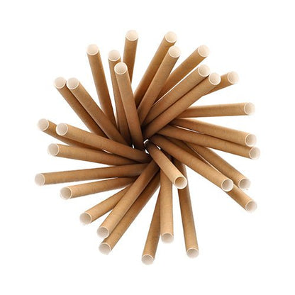 Une vue de dessus sur PAPSTAR 100 pailles à secouer en papier Ø 10 mm · 21 cm de la PAPSTAR GmbH, disposées en cercle, de sorte que le revêtement intérieur blanc de chaque paille soit visible aux extrémités.