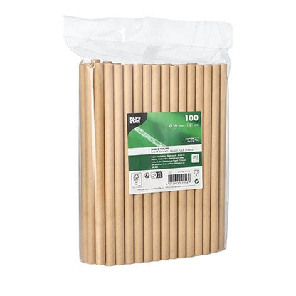 Un emballage en plastique transparent avec 100 pailles à secouer de la PAPSTAR GmbH (papier, marron, 21 cm x 10 mm), étiqueté en anglais avec des symboles verts et blancs pour le recyclage et la compostabilité. Idéal pour les hôtes soucieux de l'environnement.