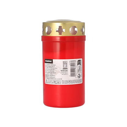 Une bougie funéraire Starpak avec couvercle doré Ø 6,4 cm · 12,5 cm avec housse de Starpak se tient debout sur un fond blanc simple, avec un couvercle doré et une étiquette de produit. Idéale pour le cimetière.