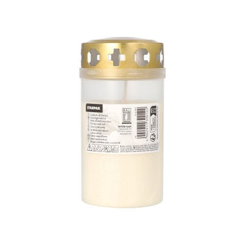 La bougie funéraire Starpak avec couvercle doré Ø 6,4 cm · 12,5 cm avec housse est une bougie funéraire blanche dans un récipient translucide avec des découpes en forme de croix dans le couvercle doré, étiquetée avec des informations sur le produit - idéale pour une utilisation au cimetière.