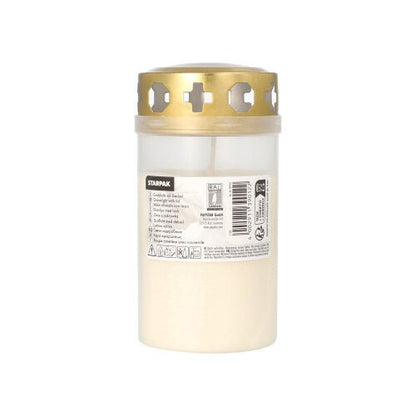 La bougie funéraire Starpak avec couvercle doré Ø 6,4 cm · 12,5 cm avec housse est une bougie funéraire blanche dans un récipient translucide avec des découpes en forme de croix dans le couvercle doré, étiquetée avec des informations sur le produit - idéale pour une utilisation au cimetière.
