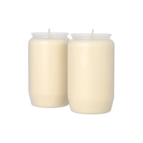 Deux PAPSTAR lampes à huile composées Ø 5,8 cm dans un étui transparent (2 pièces, PAPSTAR GmbH) sont placées côte à côte sur un fond blanc et créent un éclairage d'ambiance.