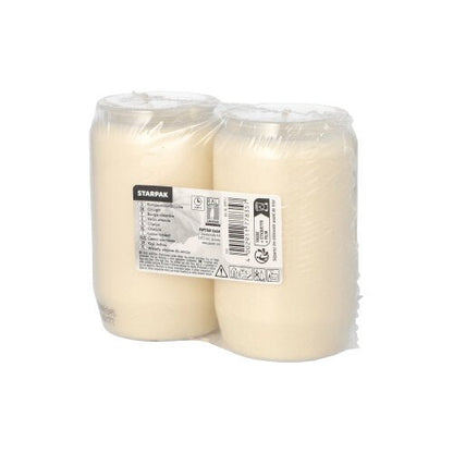 Deux PAPSTAR lampes à huile composées Ø 5,8 cm bougies cylindriques (2 pièces) sont emballées dans un film rétractable transparent avec une étiquette de produit sur le devant. Le fond blanc simple souligne leur éclairage d'ambiance. Marque : PAPSTAR GmbH.