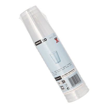 Un paquet de 20 gobelets réutilisables Starpak en PP, 0,1 l, Ø5,2 cm × 7,4 cm, translucides et incassables, emballé dans du plastique, avec une étiquette contenant les détails du produit, une illustration de tasse, des codes-barres et des symboles de recyclage.