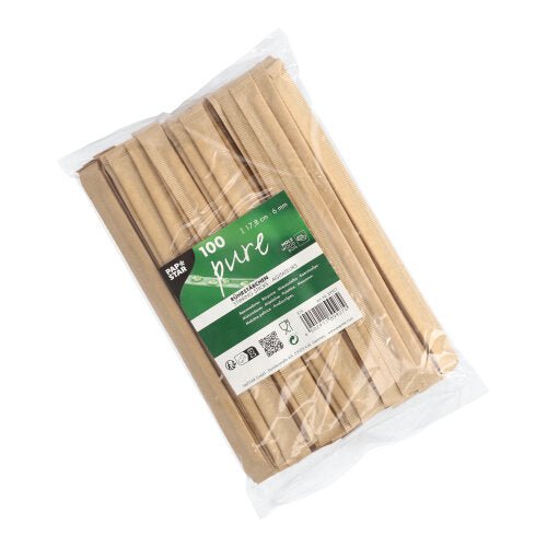 Un sac en plastique transparent contient 100 PAPSTAR bâtonnets en bois "pure" de 17,8 cm, emballés individuellement dans du film plastique, chacun avec une étiquette PAPSTAR GmbH vert-blanc sur le devant.