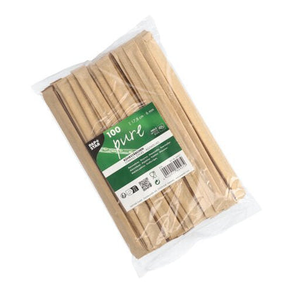 Un sac en plastique transparent contient 100 PAPSTAR bâtonnets en bois "pure" de 17,8 cm, emballés individuellement dans du film plastique, chacun avec une étiquette PAPSTAR GmbH vert-blanc sur le devant.