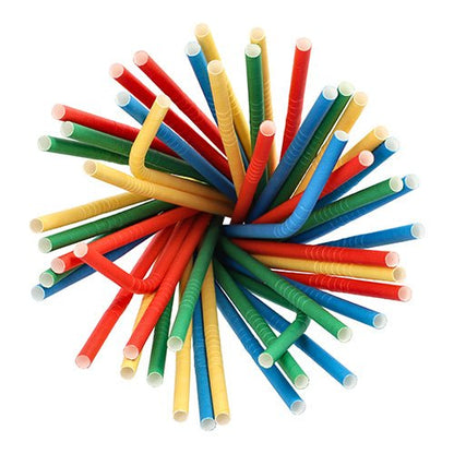 Une vue de dessus de PAPSTAR Shake-Halme papier coloré (Ø 8 mm, 25 cm, couleurs assorties, flexible, 100 pièces) de la PAPSTAR GmbH, disposées en faisceau circulaire avec des pailles écologiques rouges, bleues, vertes et jaunes ouvertes sur fond blanc.