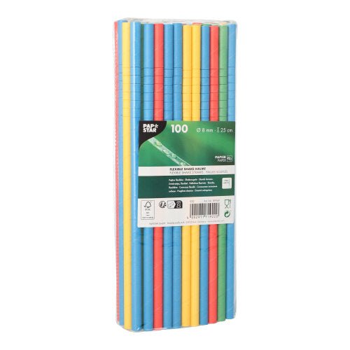 Un paquet de 100 pailles en papier PAPSTAR GmbH Shake-Halme, Ø 8 mm, 25 cm, en différentes couleurs flexibles. Emballé dans du plastique transparent avec une étiquette verte - idéal pour les fêtes ou un usage quotidien.