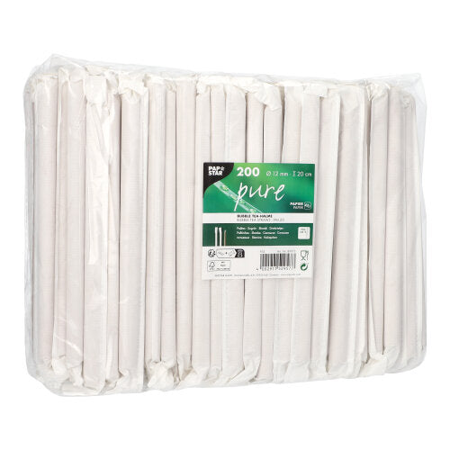 Un emballage en plastique transparent de la société PAPSTAR contient 200 pailles Bubble Tea marron et pointues (Ø12mm, 20cm). L'étiquette sur le devant informe sur la taille, la quantité, le branding et l'écologie - parfait pour les fans de Bubble Tea.