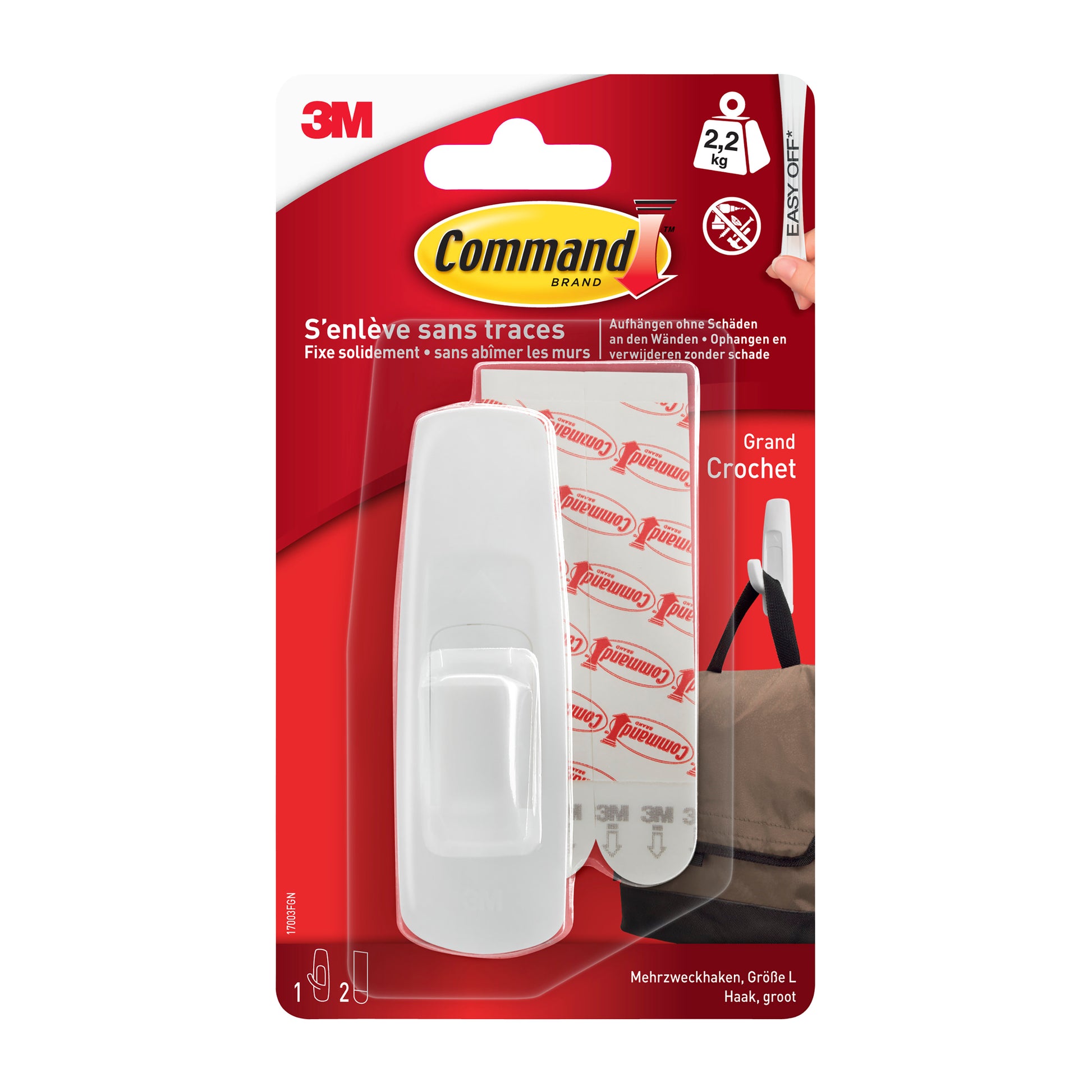 Eine Packung Command™ Large Universal-Haken (1 Stück) von 3M Deutschland GmbH, trägt bis zu 2,2 kg. Die rot-weiße Verpackung zeigt den Haken, die Klebestreifen und die Produktdetails auf Französisch und Deutsch.