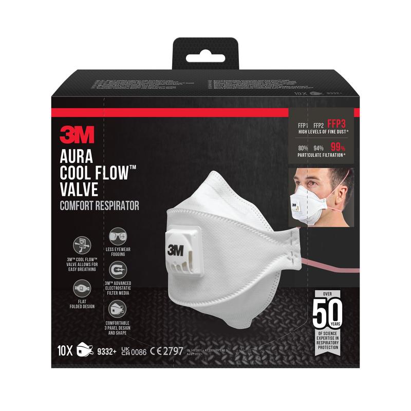 Une boîte du masque respiratoire à particules 3M™ Aura™ Comfort Cool Flow™ 9332+ FFP3 avec valve de 3M Deutschland GmbH, montrant le masque et une personne le portant. L'emballage souligne le confort, la filtration et plus de 50 ans d'expérience dans le domaine des maladies respiratoires.