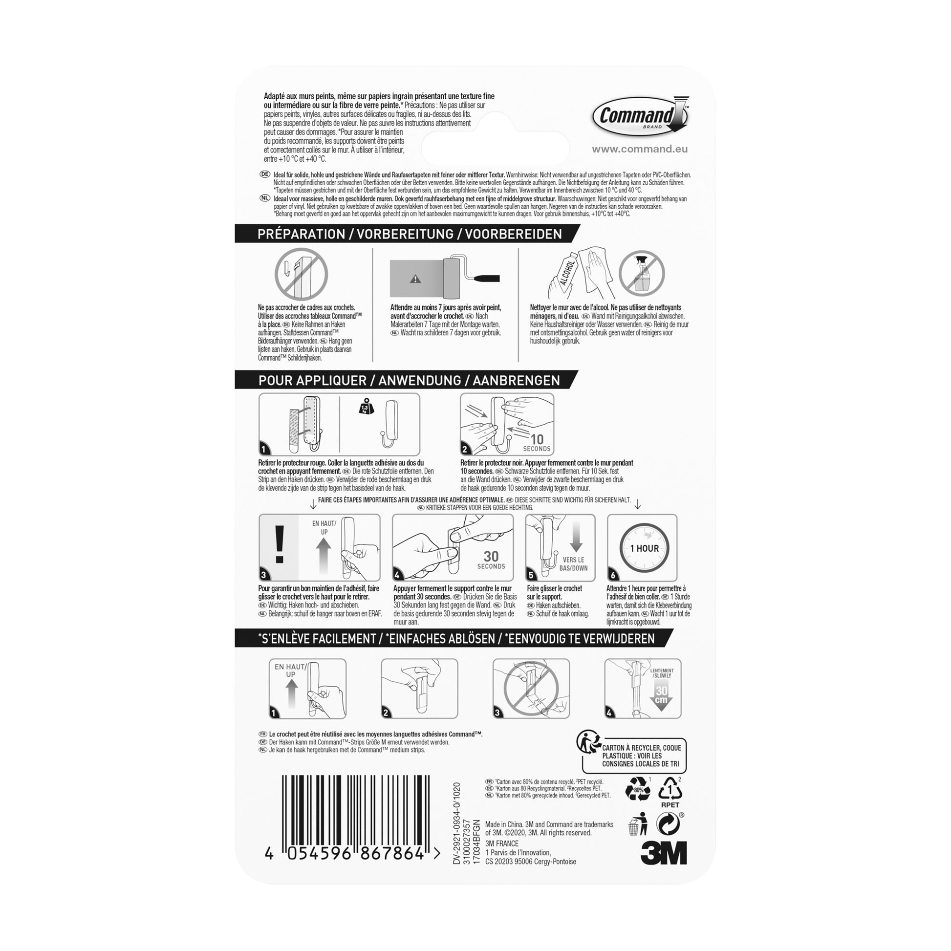 Rückseite des 3M Deutschland GmbH Mittelgroßer Command™ mattschwarzer Haken, 17034B, zeigt mehrsprachige Anleitung mit Diagrammen zur Anwendung und Entfernung, Schritt-Symbolen und einem Barcode; enthält 1 Haken und 2 Strips.