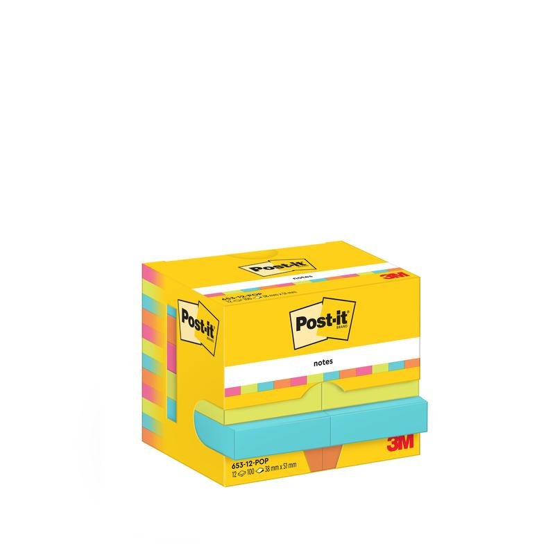 Une boîte jaune de Post-it® Notes de la collection Poptimistic de 3M Deutschland GmbH contient 12 blocs de 100 feuilles (38 mm x 51 mm), a des bords colorés et est certifiée PEFC dans un emballage en carton (SGSCH-PEFC-COC-110078).