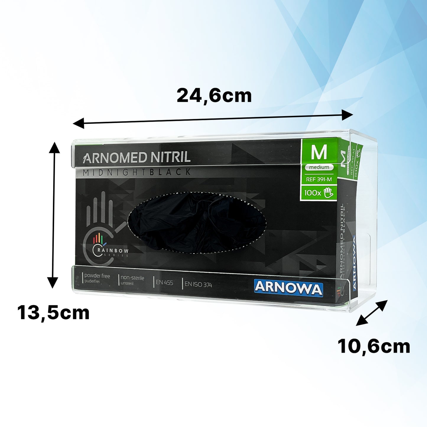 Le distributeur de gants ARNOMED pour le remplissage triple de ARNOWA GmbH en acrylique transparent (24,6×13,5×10,6 cm) présente des gants jetables Arnomed Nitril Midnight Black de taille moyenne de manière élégante et visible dans le distributeur.