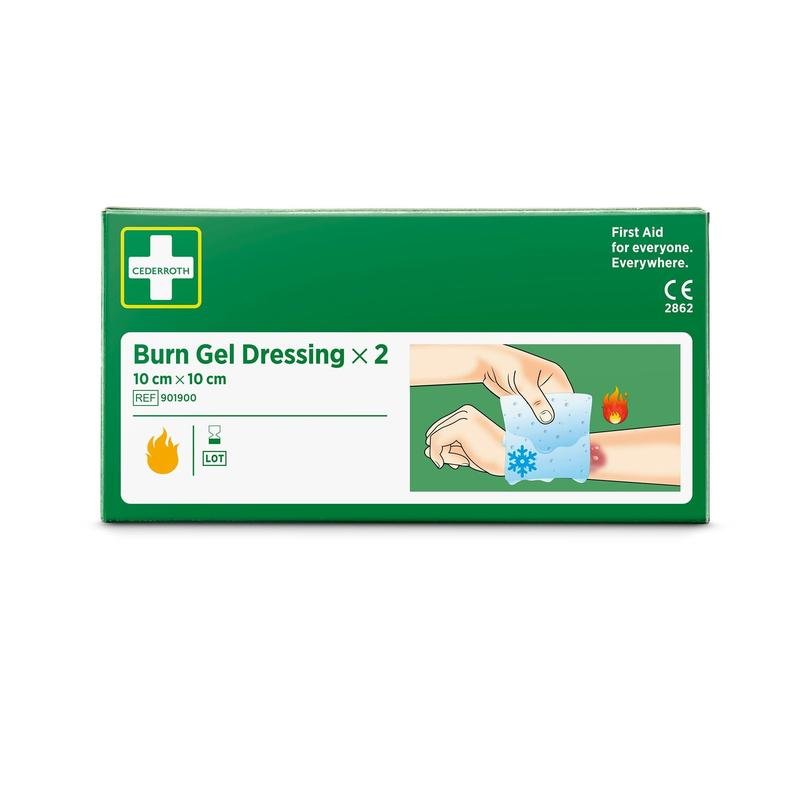 Un paquet (2 pièces) de Cederroth burn gel bandage 10x10 cm d'Orkla Wound Care AB. La boîte montre les premiers secours pour les brûlures avec des symboles de flammes et de refroidissement pour un soulagement rapide de la douleur.