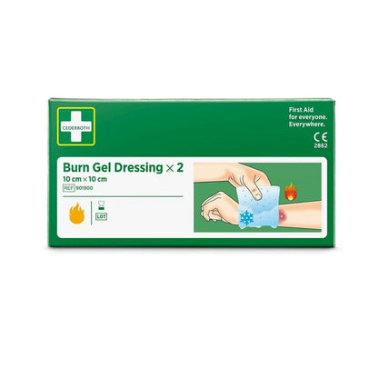 Un paquet (2 pièces) de Cederroth burn gel bandage 10x10 cm d'Orkla Wound Care AB. La boîte montre les premiers secours pour les brûlures avec des symboles de flammes et de refroidissement pour un soulagement rapide de la douleur.