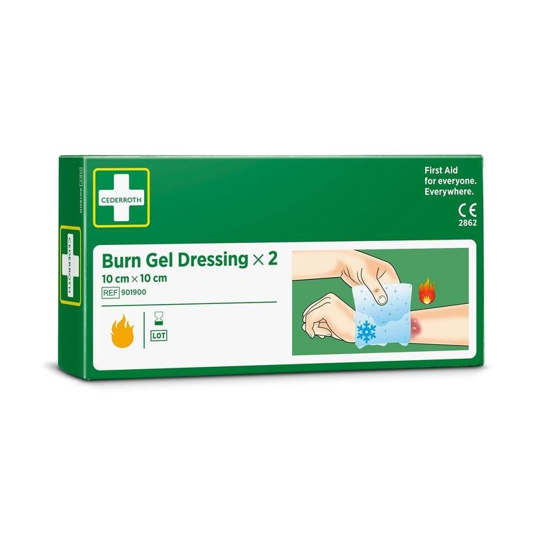 Une boîte vert-blanc de Cederroth Burn Gel Bandage 10x10 cm, pack de 2 (2 pièces) d'Orkla Wound Care AB montre une illustration d'un coussin de gel rafraîchissant appliqué sur des brûlures au bras. Le paquet contient deux bandages.