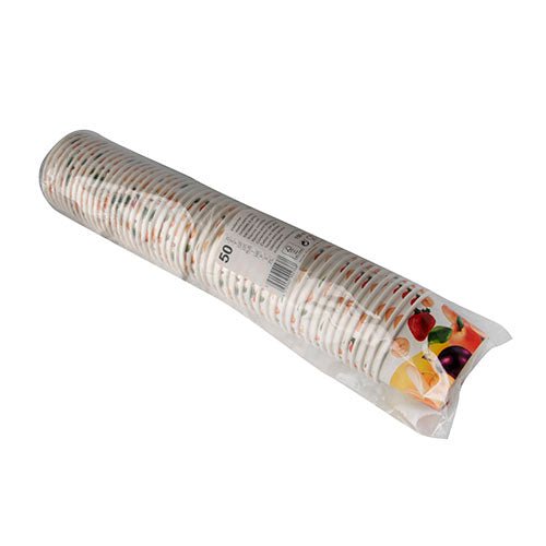 Un paquet de 50 gobelets à glace en carton Starpak, ronds, dans un emballage plastique pratique - idéal comme gobelets à glace jetables écologiques avec un design fruité pour votre prochaine fête.