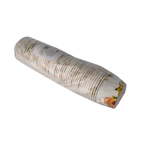 Une pile de 50 gobelets à glace, carton rond de Starpak, est enveloppée dans un film plastique transparent et porte une étiquette de code-barres visible en haut. Les gobelets en carton ronds se distinguent par un design coloré sur le bord.