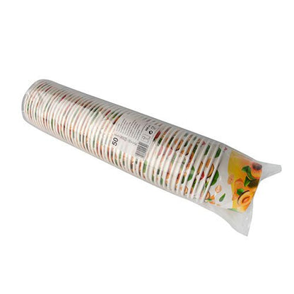 Les Starpak 50 gobelets à glace, carton rond sont des gobelets en carton jetables dans un emballage scellé, chacun avec un design fruité coloré - idéal comme gobelet à glace jetable. Marque : Starpak.