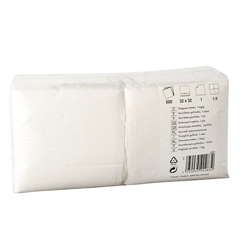 Un paquet scellé de 500 serviettes Starpak, 1 pli, 1/4 pli, 32 x 32 cm, blanc (film), avec des détails du produit tels que la quantité (500 pièces), la taille et le matériau imprimés sur le côté.