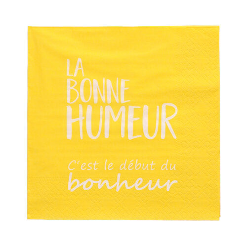Die PAPSTAR 20 Servietten (33x33 cm, 3-lagig, bunt) der PAPSTAR GmbH tragen mittig auf der Serviette den weißen französischen Text "LA BONNE HUMEUR C'est le début du bonheur".