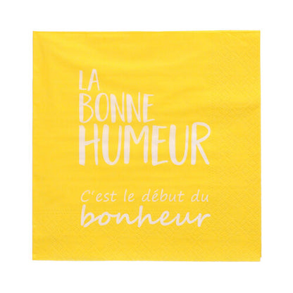 Die PAPSTAR 20 Servietten (33x33 cm, 3-lagig, bunt) der PAPSTAR GmbH tragen mittig auf der Serviette den weißen französischen Text "LA BONNE HUMEUR C'est le début du bonheur".