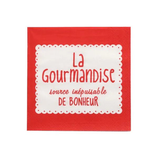 PAPSTAR 20 serviettes, 33x33 cm, 3 épaisseurs, rouge : Serviettes rouges avec centre blanc et inscription française "La Gourmandise source inépuisable DE BONHEUR" en rouge. Qualité supérieure de PAPSTAR GmbH - idéal pour des occasions spéciales.