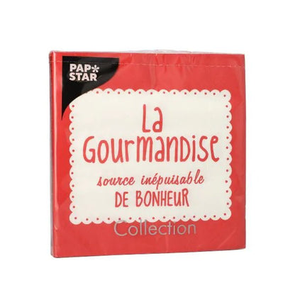 Les PAPSTAR 20 serviettes, 33x33 cm, 3 épaisseurs, rouge de la PAPSTAR GmbH sont dotées de l'inscription "La Gourmandise source inépuisable de bonheur" sur le devant - parfait pour donner une touche élégante à votre table.