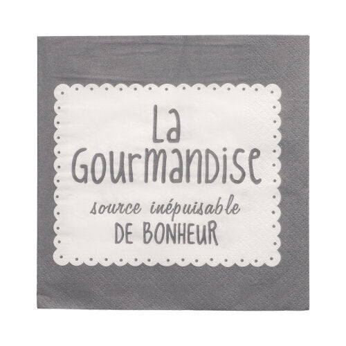 Graue 3-lagige PAPSTAR-Serviette (33x33 cm, 1/4 gefaltet) mit weißem Rechteck und dem französischen Text "La Gourmandise source inépuisable de bonheur". Marke: PAPSTAR GmbH. Packung mit 20 Stück.