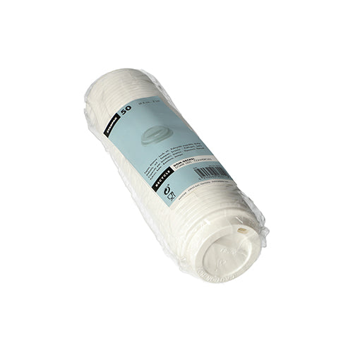 Abgebildet ist eine kunststoffverpackte Packung mit 50 weißen Starpak 50 Dom-Deckel PS „To Go“-Deckeln (rund, Ø6 cm, 2 cm) mit blauem Starpak-Etikett auf weißem Untergrund – ideal für To-Go-Verpackungen.