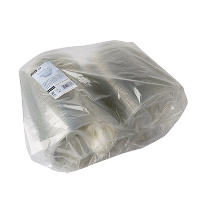 Eine in durchsichtige Plastikfolie eingewickelte Packung mit 50 Starpak-Feinkost- und Salatschalen mit Klappdeckel, R-PET-Glasklar-Rundbecher, gestapelt und oben links mit einem weißen Etikett versiegelt.