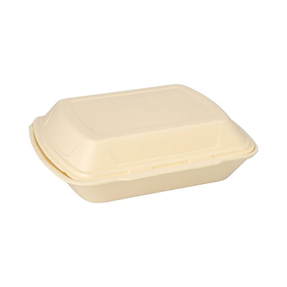 Eine geschlossene, beige Starpak Menübox mit Klappdeckel aus XPS, 3-geteilt (7,5 x 24,3 x 20,8 cm), für die Gastronomie, ist vor weißem Hintergrund zu sehen.