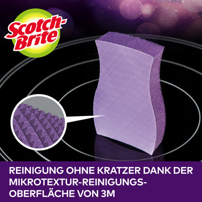 Une éponge de nettoyage Scotch-Brite™ pour céramique vitrocéramique de 3M Deutschland GmbH (paquet de 3 pièces) est montrée. Un insert en gros plan met en avant la micro-texture qui, selon le texte allemand, permet un nettoyage sans rayures.