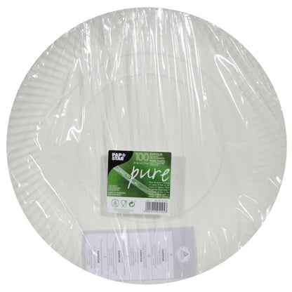 Un paquet de 100 assiettes en carton rondes blanches "pure" de la PAPSTAR GmbH, certifié FSC, emballé dans un plastique transparent avec une étiquette verte et blanche au centre.