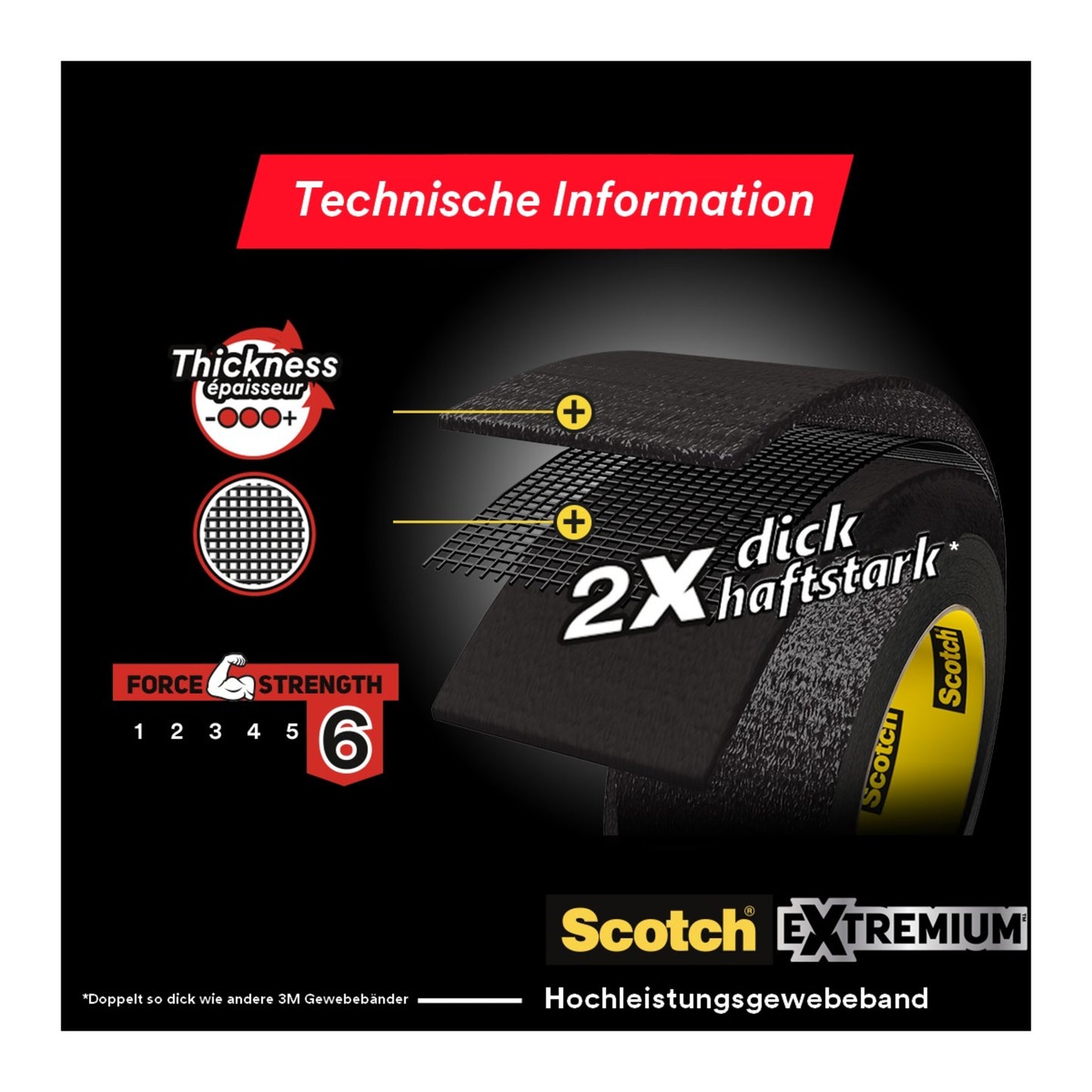 Eine Abbildung zeigt eine schwarze Rolle 3M Scotch® Extremium™ Ultra Hochleistungs-Klebeband DT17 (10 m x 24 mm) mit der Aufschrift "2X dick haftstark" und der Festigkeitsklasse 6/6. Der Text erscheint in Deutsch und Englisch. Packung: 1 Rolle, 6 Stück/Packung.