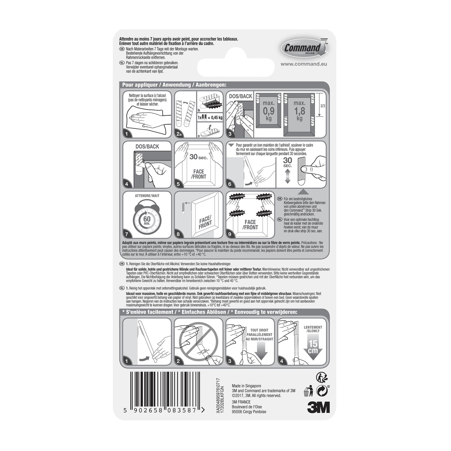 Auf der Rückseite der Command™ Bilder-Montage Strips S, klein, schwarz, 17202BLK von 3M Deutschland GmbH finden Sie eine bebilderte Schritt-für-Schritt-Anleitung zum Anbringen und Entfernen, Gewichtsgrenzen und mehrsprachige Produktinformationen zum einfachen Aufhängen von Bildern ohne Nägel.
