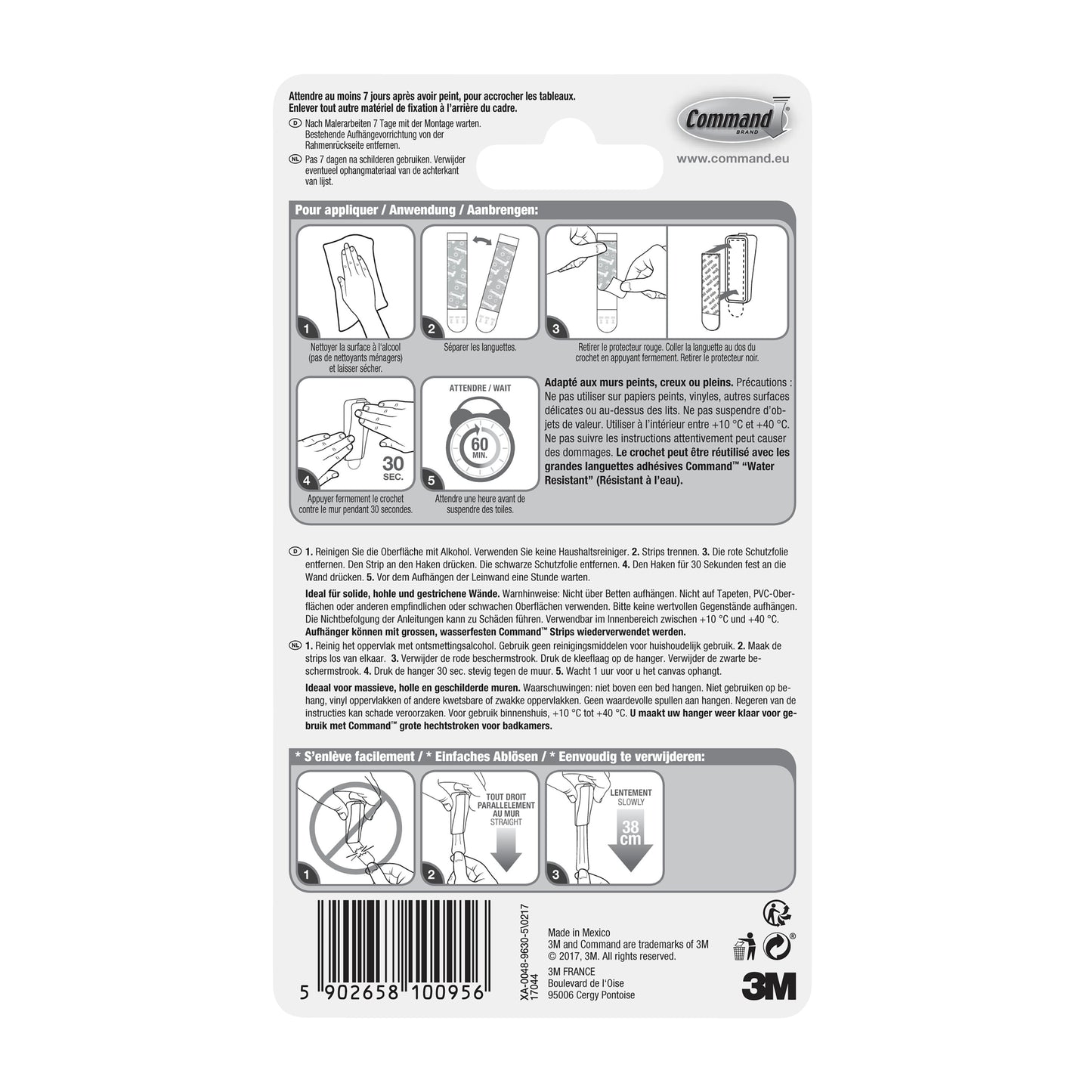 Die Rückseite einer Command™ Leinwandaufhänger-Verpackung der 3M Deutschland GmbH enthält eine bebilderte Anwendungs-/Entfernungsanleitung in vier Sprachen, einen Barcode am unteren Rand, Herstellerangaben und das 3M Logo.