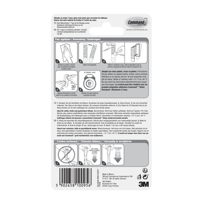Die Rückseite einer Command™ Leinwandaufhänger-Verpackung der 3M Deutschland GmbH enthält eine bebilderte Anwendungs-/Entfernungsanleitung in vier Sprachen, einen Barcode am unteren Rand, Herstellerangaben und das 3M Logo.