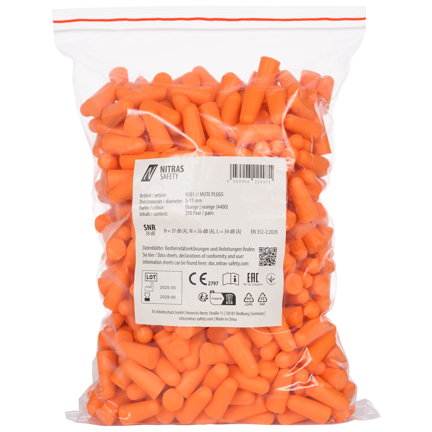 NITRAS MUTE PLUGS, bouchons d'oreille, orange, EN 352-2, 250 paires / sachet en polyéthylène UE | Paquet (1 pièce)