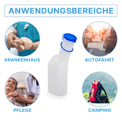 Die ARNOMED Urinflasche ECO Herren der ARNOWA GmbH aus weißem Kunststoff mit blauem Deckel ist zentral abgebildet, umgeben von Symbolen für Krankenhaus, Autofahrt, Pflege und Camping - und unterstreicht damit ihre hygienische und vielseitige Verwendbarkeit.