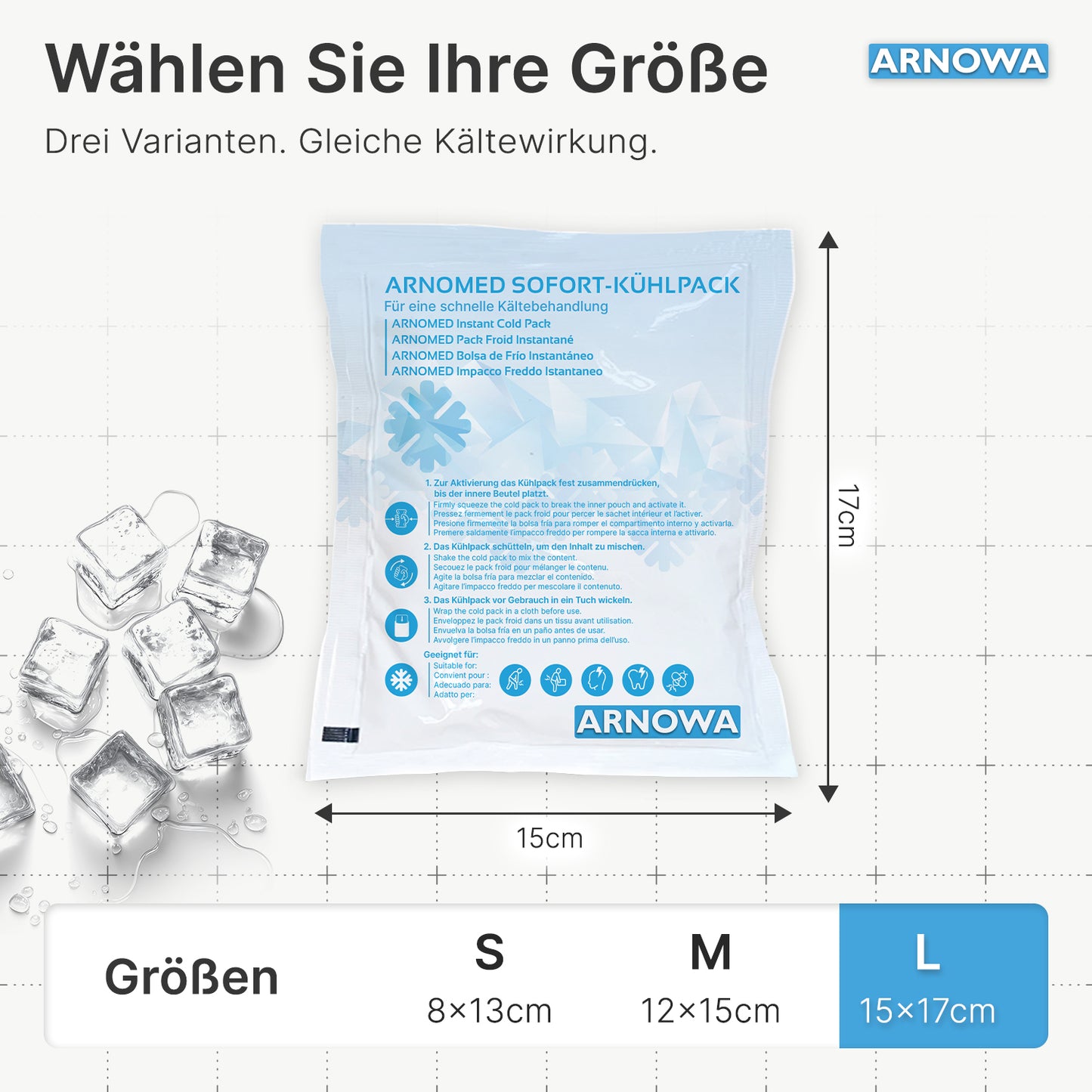 Eine blau-weiße ARNOMED SOFORTKÄLTEKOMPRESSE der ARNOWA GmbH (15x17 cm) ist auf weißem Hintergrund mit Eiswürfeln abgebildet, daneben eine Größentabelle, die Kältetherapiekompressen in S, M und L vergleicht.