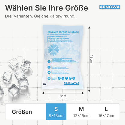 Im Zentrum liegt eine ARNOMED SOFORTKÄLTEKOMPRESSE (8x13 cm) von ARNOWA GmbH, flankiert von Eiswürfeln. Oben steht: "Wählen Sie Ihre Größe - Drei Varianten, gleiche Kältewirkung." Unten sind die Größen S, M und L abgebildet.