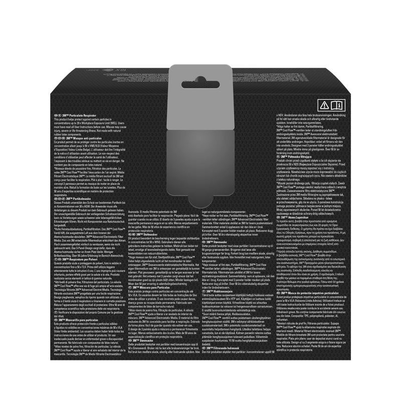 L'image montre le dos d'un masque respiratoire noir 3M™ Aura™ Comfort Cool Flow™ 9332+ FFP3 de 3M Deutschland GmbH avec un texte blanc multilingue dense, une languette de suspension grise en haut et deux petits symboles dans le coin supérieur droit.