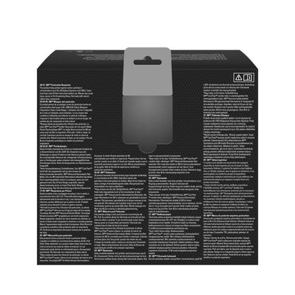 L'image montre le dos d'un masque respiratoire noir 3M™ Aura™ Comfort Cool Flow™ 9332+ FFP3 de 3M Deutschland GmbH avec un texte blanc multilingue dense, une languette de suspension grise en haut et deux petits symboles dans le coin supérieur droit.