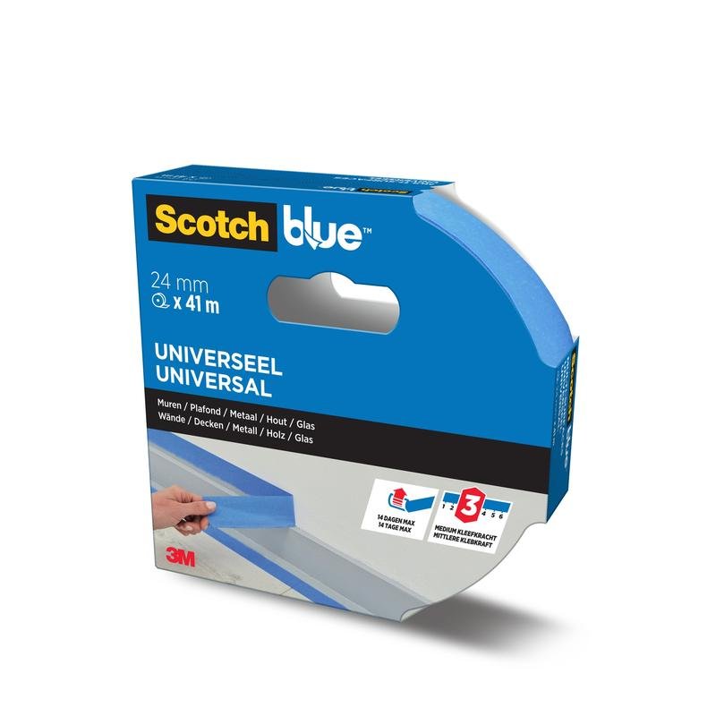 Une boîte de ruban de masquage ScotchBlue™ "Multi-Surface" de 3M Deutschland GmbH (24 mm x 41 m) avec un ruban bleu partiellement déroulé. L'emballage indique qu'il est adapté à diverses surfaces et peut être retiré proprement jusqu'à trois jours.
